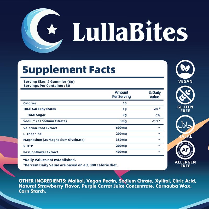 LullaBites Natürliche Schlafgummis – 30 Portionen – Süße Erdbeersterne (melatoninfrei)