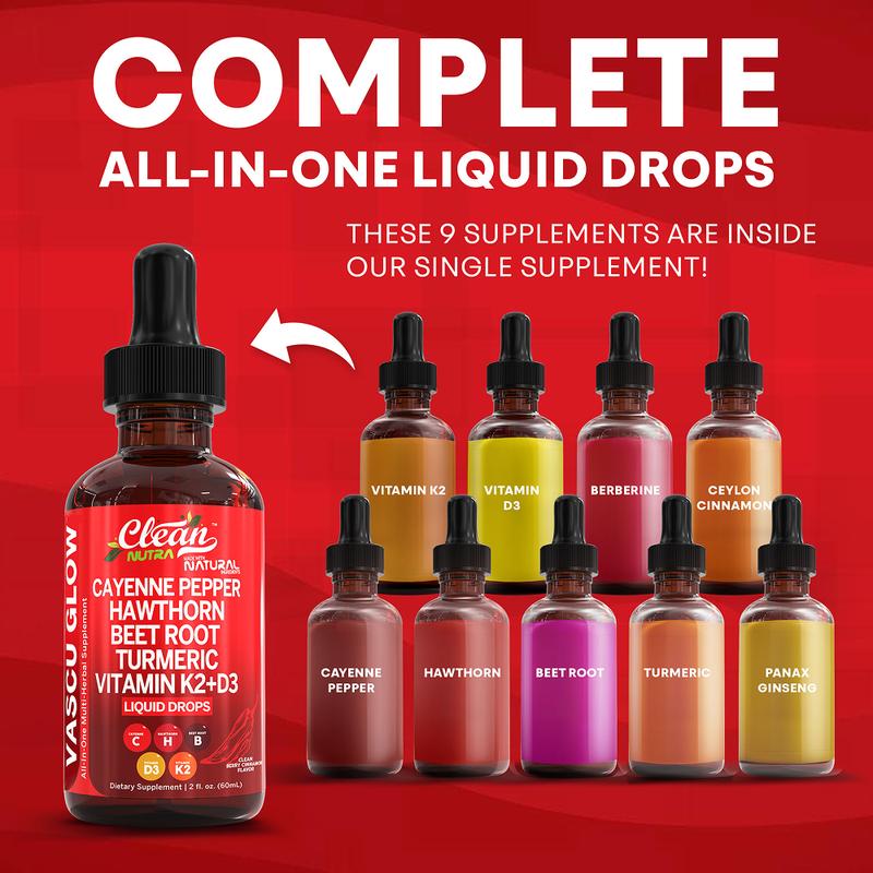Cayennepfeffer-Nahrungsergänzungsmittel, flüssige Tropfen + Weißdornbeeren, Vitamin D3 und K2, Bio-Rote Bete Wurzelpulver, Ceylon-Zimt, Kurkuma-Curcumin, Panax Ginseng