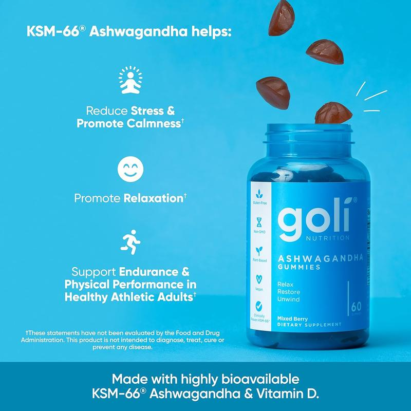 Goli Ashwagandha & Vitamin D Gummibärchen – Beerenmischung, KSM-66, vegan, pflanzlich, gentechnikfrei, glutenfrei und gelatinefrei.