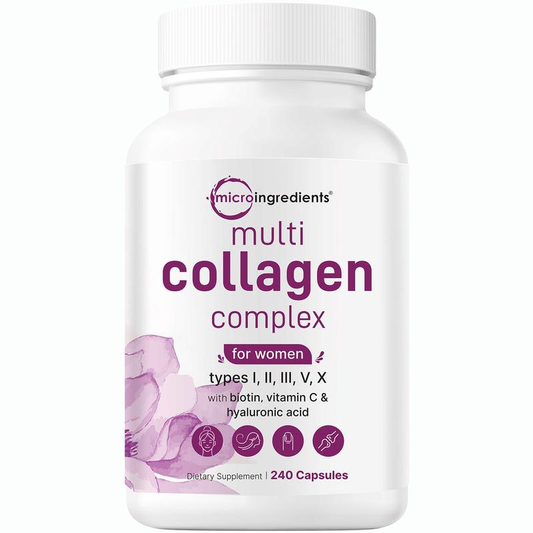 Mikro-Inhaltsstoffe: Multi-Kollagen-Komplex, 240 Kapseln | Typ I, II, III, V, X mit Hyaluronsäure, Biotin, Vitamin C | Hydrolysierte Proteinpeptide