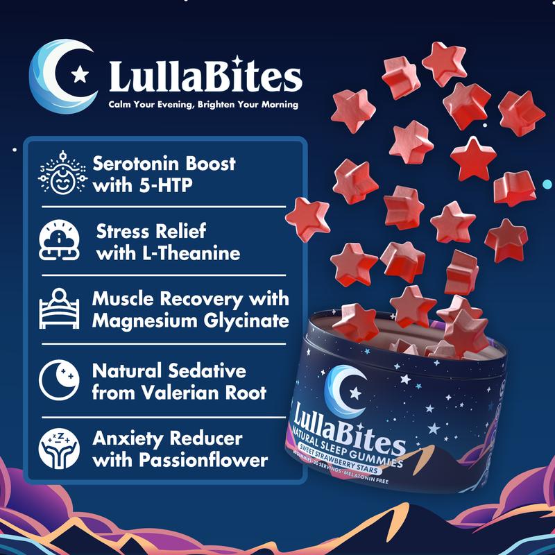 LullaBites Natürliche Schlafgummis – 30 Portionen – Süße Erdbeersterne (melatoninfrei)