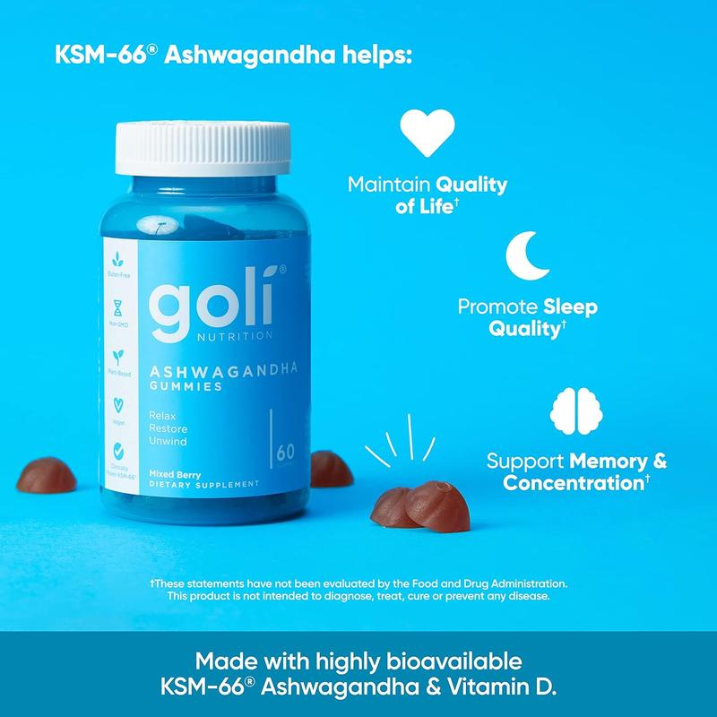 Goli Ashwagandha & Vitamin D Gummibärchen – Beerenmischung, KSM-66, vegan, pflanzlich, gentechnikfrei, glutenfrei und gelatinefrei.